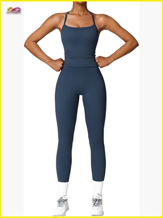 Tops - Two Piece Workout Set Cross Back Tank Top High Waist Leggings Gym Outfits